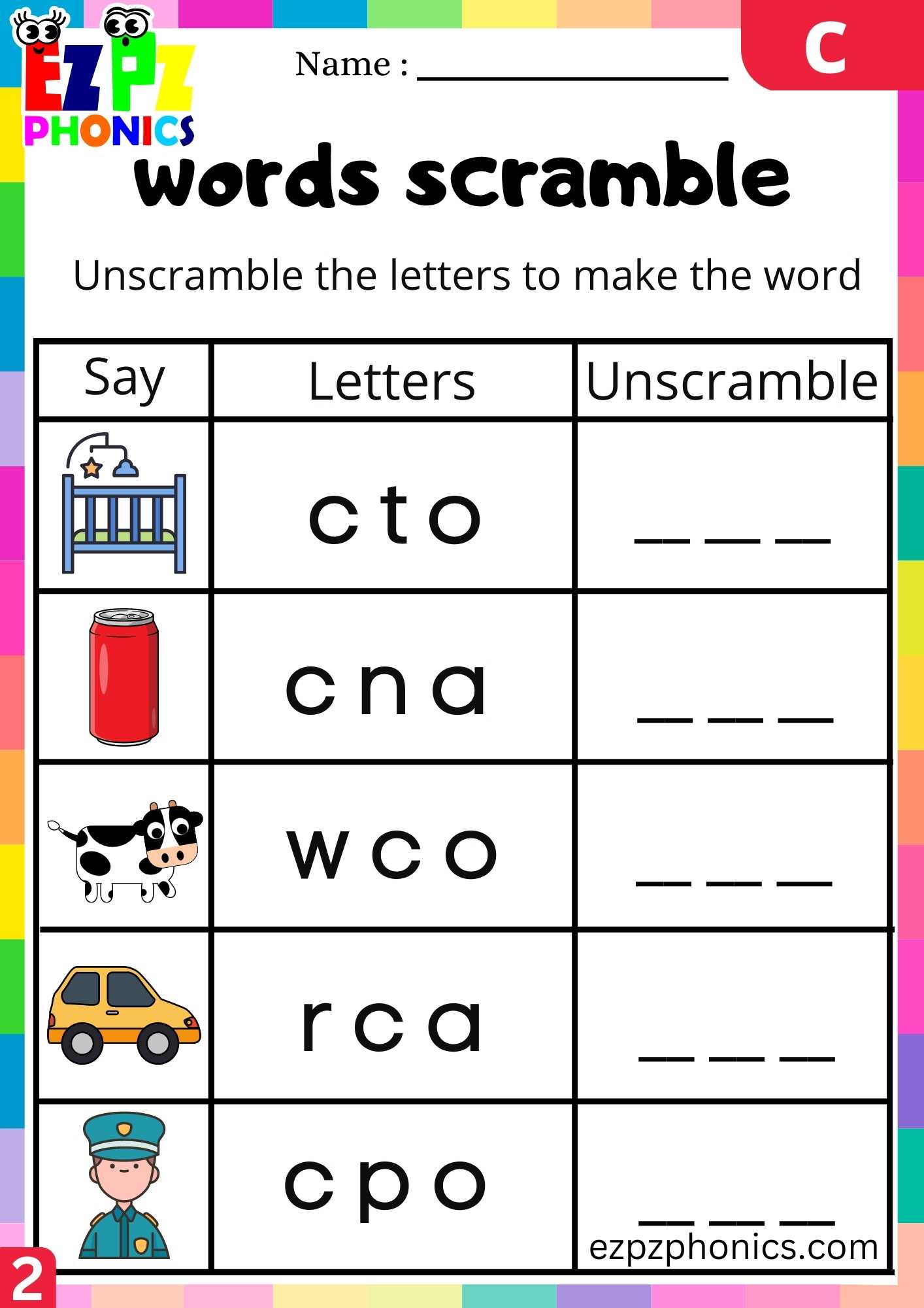 Group2 Letter C Words Scramble Beginning Sounds Worksheet